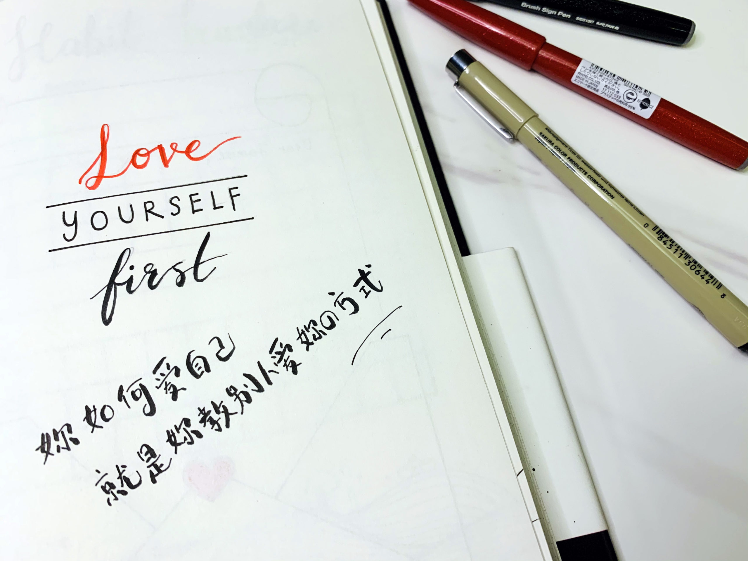 至于右手边,我用两种颜色与字体去呈现LOVE YOURSELF FIRST 。 在下面,我写了最近我看到一句满有意思的标语。 “你如何爱自己,就是你教别人如何爱你的方式”如果连你自己都不爱自己,别人又怎么会爱你呢?而且,我相信只有懂得爱自己的人,才会有爱人的能力! 至于右手边,我用两种颜色与字体去呈现LOVE YOURSELF FIRST 。
在下面,我写了最近我看到一句满有意思的标语。
“你如何爱自己,就是你教别人如何爱你的方式”如果连你自己都不爱自己,别人又怎么会爱你呢?而且,我相信只有懂得爱自己的人,才会有爱人的能力!
